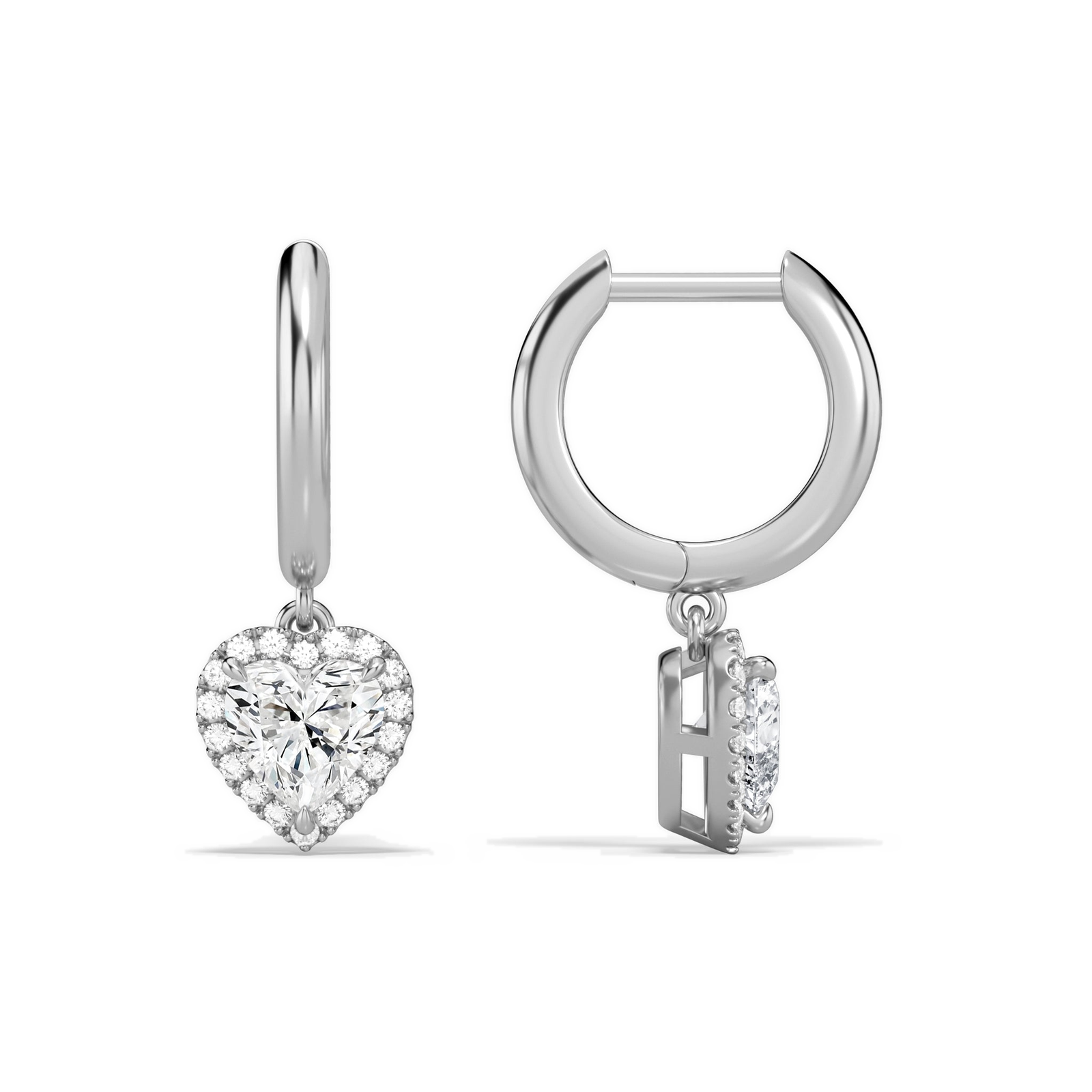 Allegra Heart Halo Drop Huggie Hoop Diamond Earrings in 18K White Gold second product view