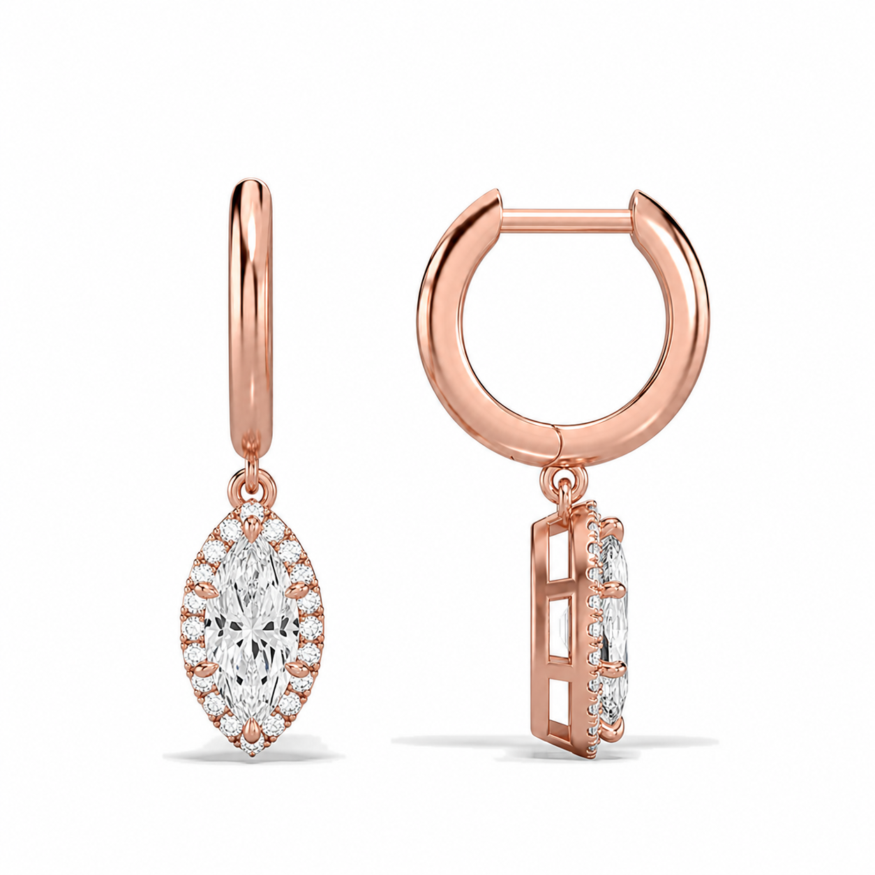 Allegra Marquise Halo Drop Huggie Hoop Diamond Earrings in 14K Rose Gold second product view