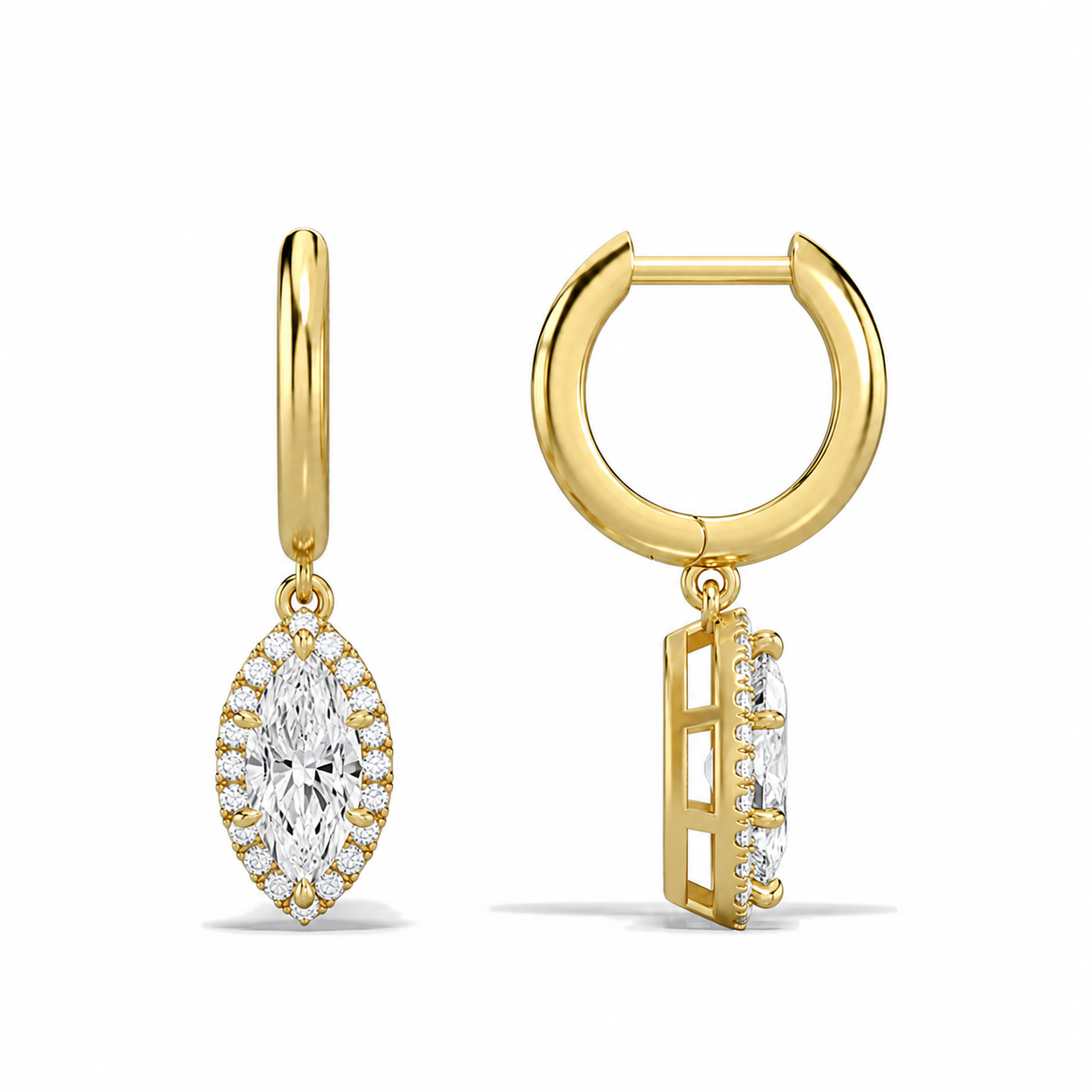 Allegra Marquise Halo Drop Huggie Hoop Diamond Earrings in 18K Yellow Gold second product view