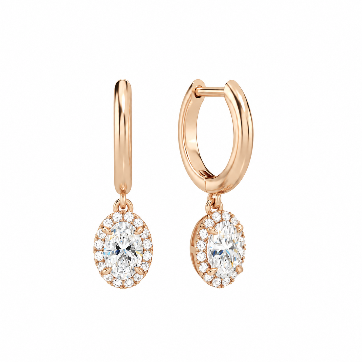 Allegra Oval Halo Drop Huggie Hoop Lab-Grown Diamond Earrings in 14K Rose Gold, front view