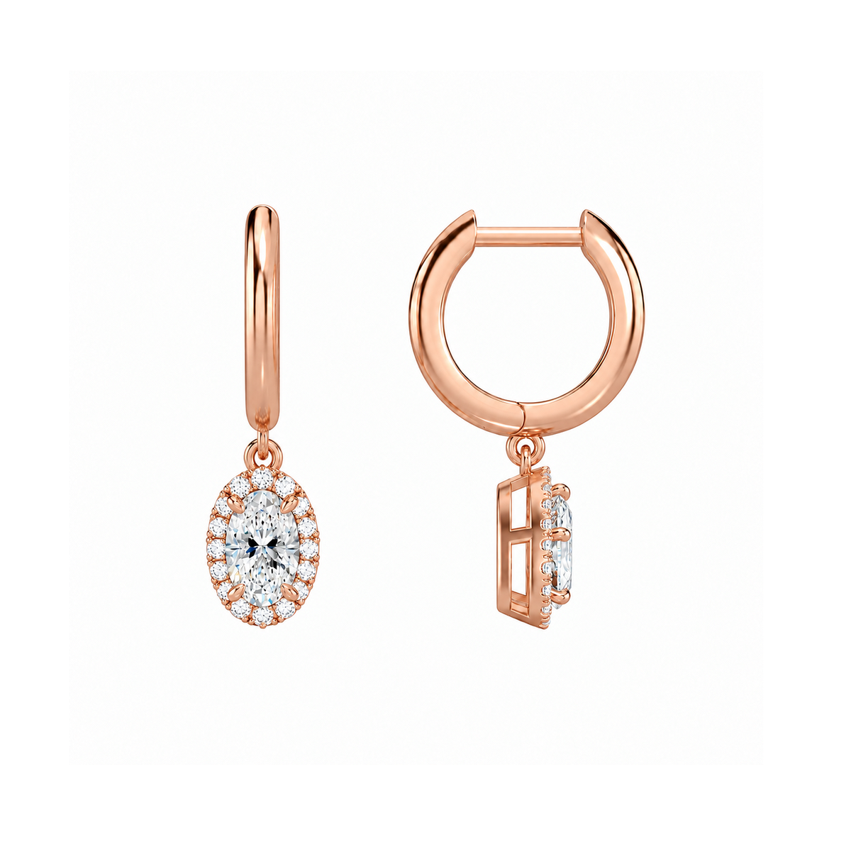 Allegra Oval Halo Drop Huggie Hoop Lab-Grown Diamond Earrings in 14K Rose Gold, alternate product view