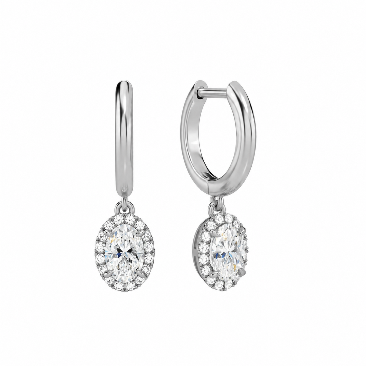 Allegra Oval Halo Drop Huggie Hoop Lab-Grown Diamond Earrings in 14K White Gold, front view