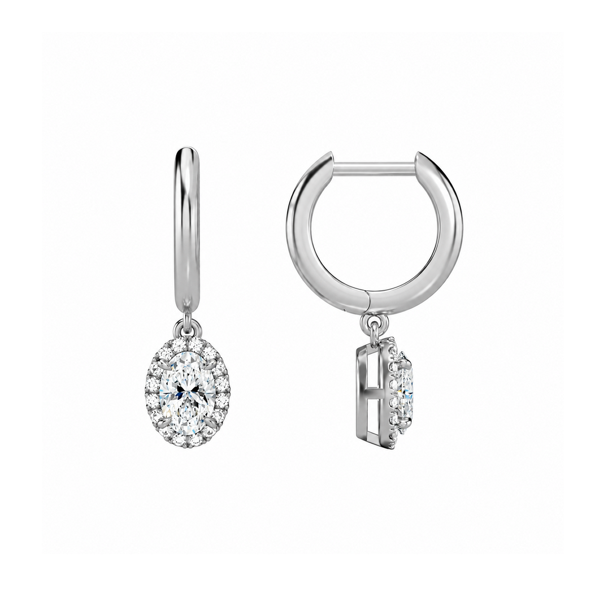 Allegra Oval Halo Drop Huggie Hoop Lab-Grown Diamond Earrings in 14K White Gold, alternate product view