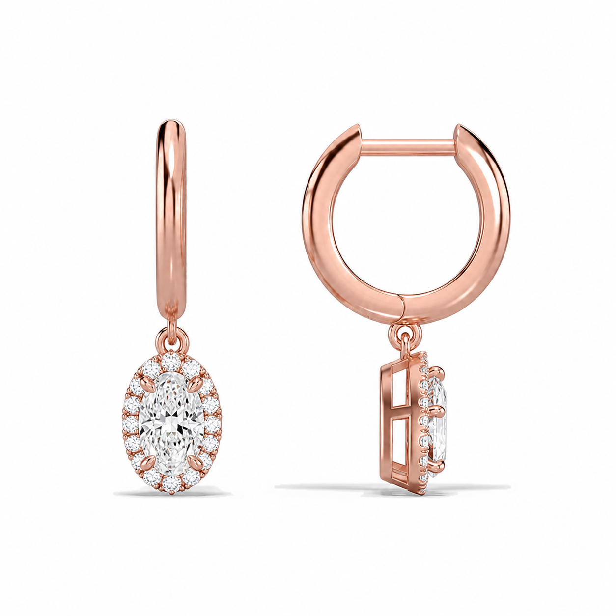Allegra Oval Halo Drop Huggie Hoop Diamond Earrings in 14K Rose Gold second product view