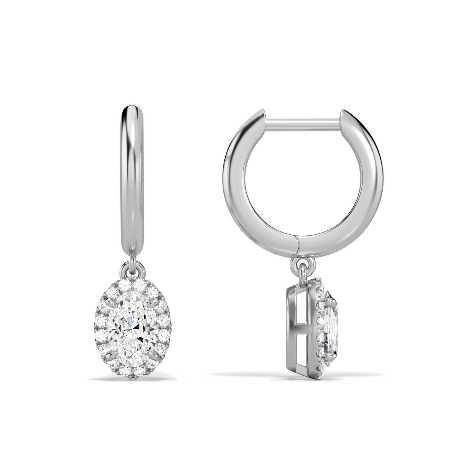 Allegra Oval Halo Drop Huggie Hoop Diamond Earrings in Platinum second product view
