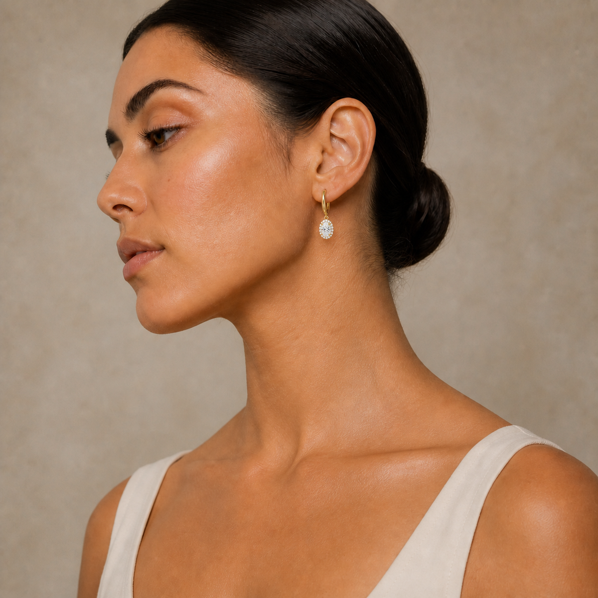 Allegra Oval Halo Drop Huggie Hoop Lab-Grown Diamond Earrings in 18K Yellow Gold, worn on ear