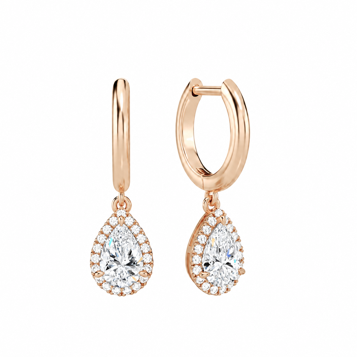 Allegra Pear Halo Drop Huggie Hoop Lab-Grown Diamond Earrings in 14K Rose Gold, front view