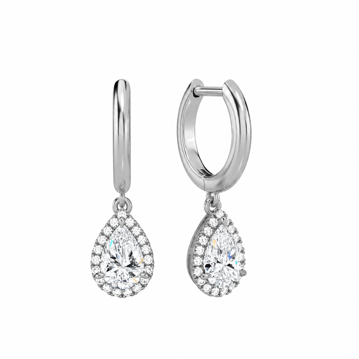 Allegra Pear Halo Drop Huggie Hoop Lab-Grown Diamond Earrings in 18K White Gold, front view