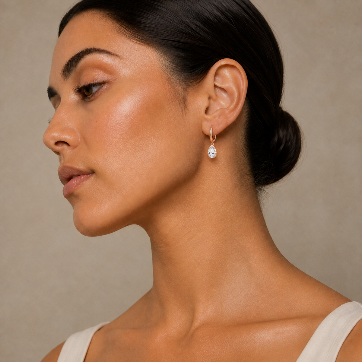 Allegra Pear Halo Drop Huggie Hoop Lab-Grown Diamond Earrings in 14K Rose Gold, worn on ear