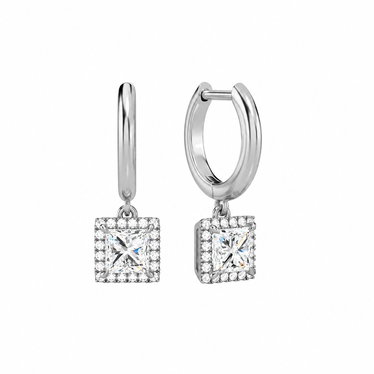 Allegra Princess Halo Drop Huggie Hoop Lab-Grown Diamond Earrings in 14K White Gold, front view