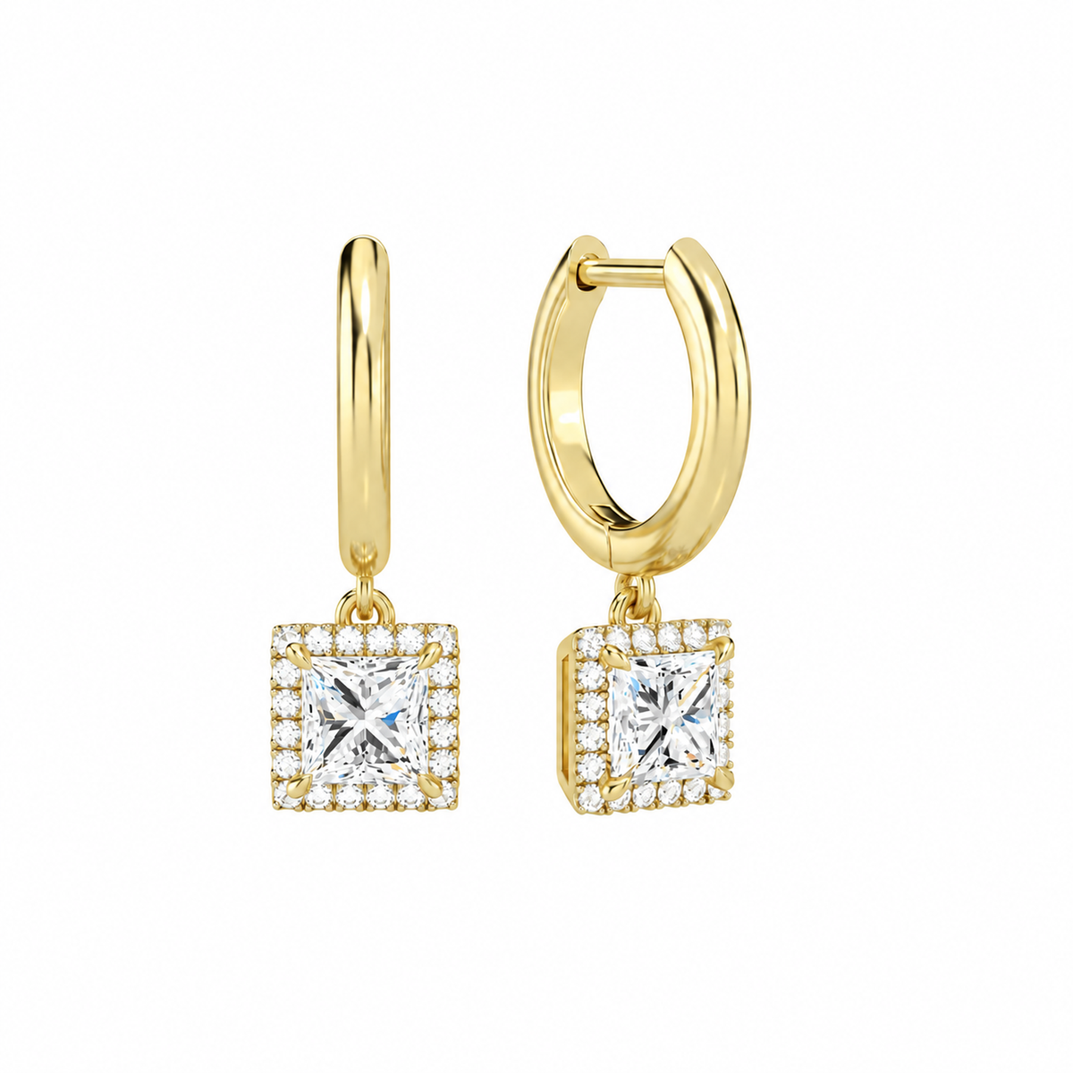 Allegra Princess Halo Drop Huggie Hoop Lab-Grown Diamond Earrings in 14K Yellow Gold, front view