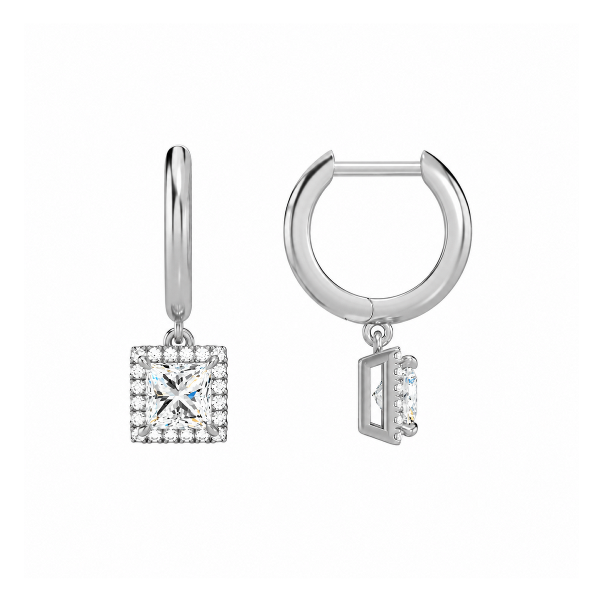Allegra Princess Halo Drop Huggie Hoop Lab-Grown Diamond Earrings in Platinum, alternate product view
