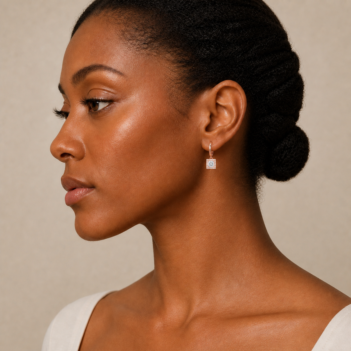 Allegra Princess Halo Drop Huggie Hoop Lab-Grown Diamond Earrings in 14K Rose Gold, worn on ear