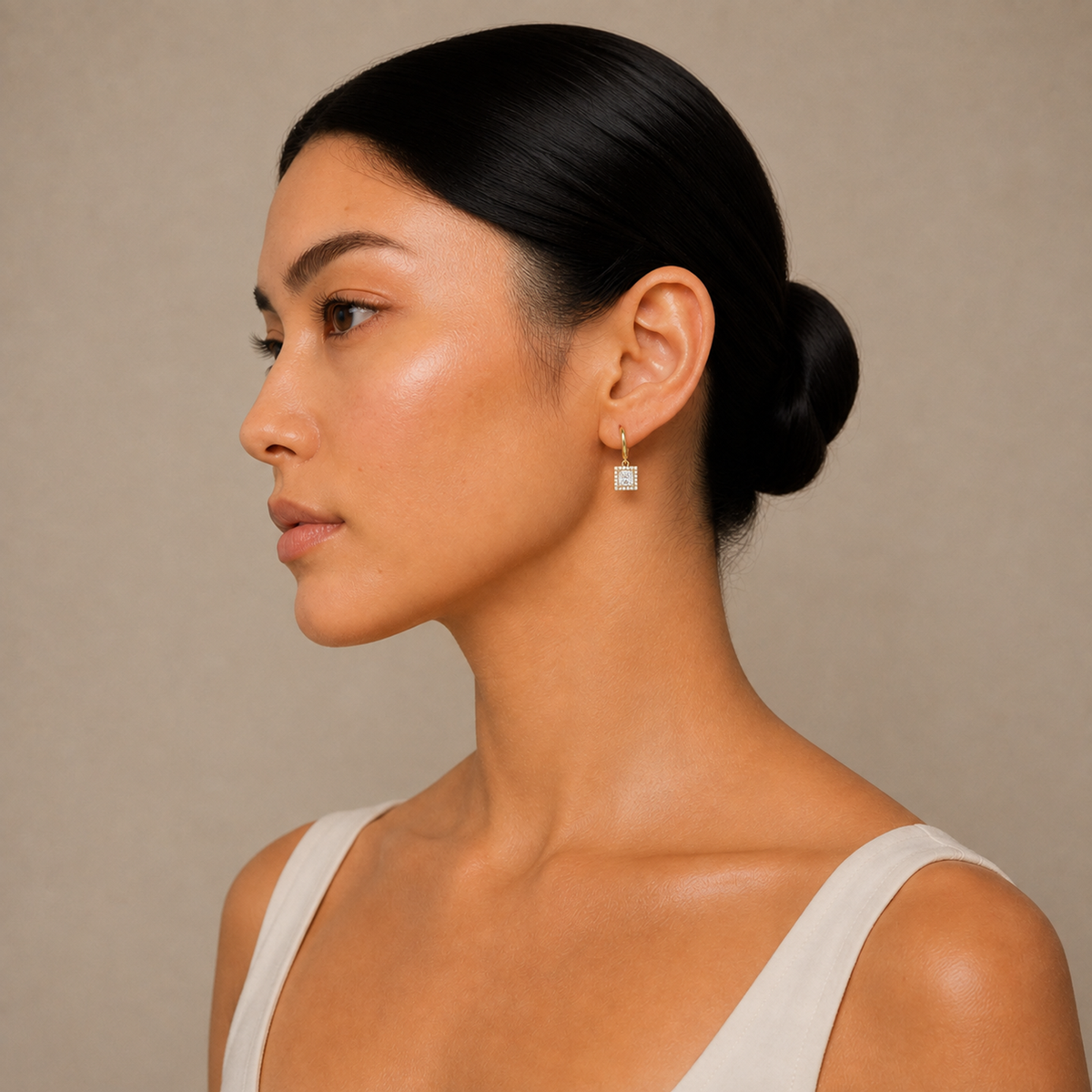 Allegra Princess Halo Drop Huggie Hoop Lab-Grown Diamond Earrings in 18K Yellow Gold, worn on ear