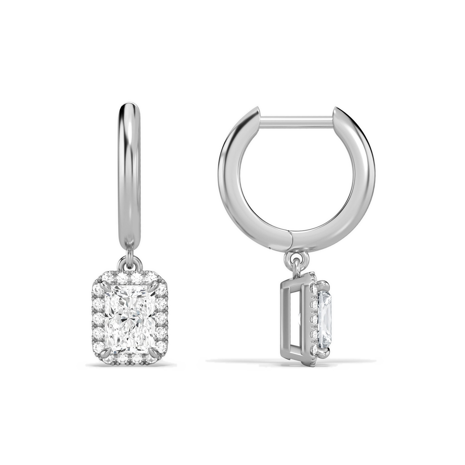 Allegra Radiant Halo Drop Huggie Hoop Diamond Earrings in 14K White Gold second product view