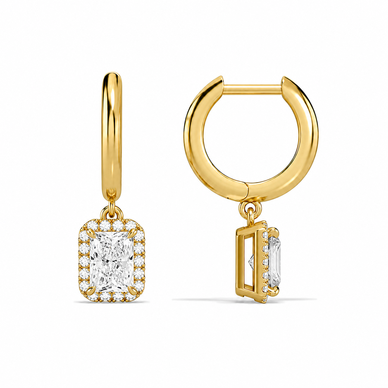 Allegra Radiant Halo Drop Huggie Hoop Diamond Earrings in 18K Yellow Gold second product view
