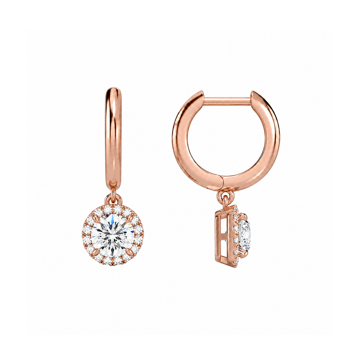 Allegra Round Halo Drop Huggie Hoop Lab-Grown Diamond Earrings in 14K Rose Gold, alternate product view