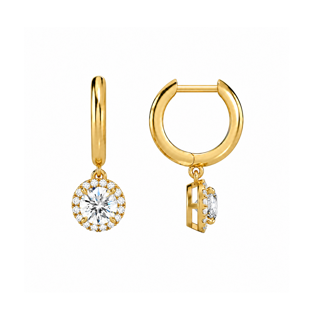Allegra Round Halo Drop Huggie Hoop Lab-Grown Diamond Earrings in 18K Yellow Gold, alternate product view
