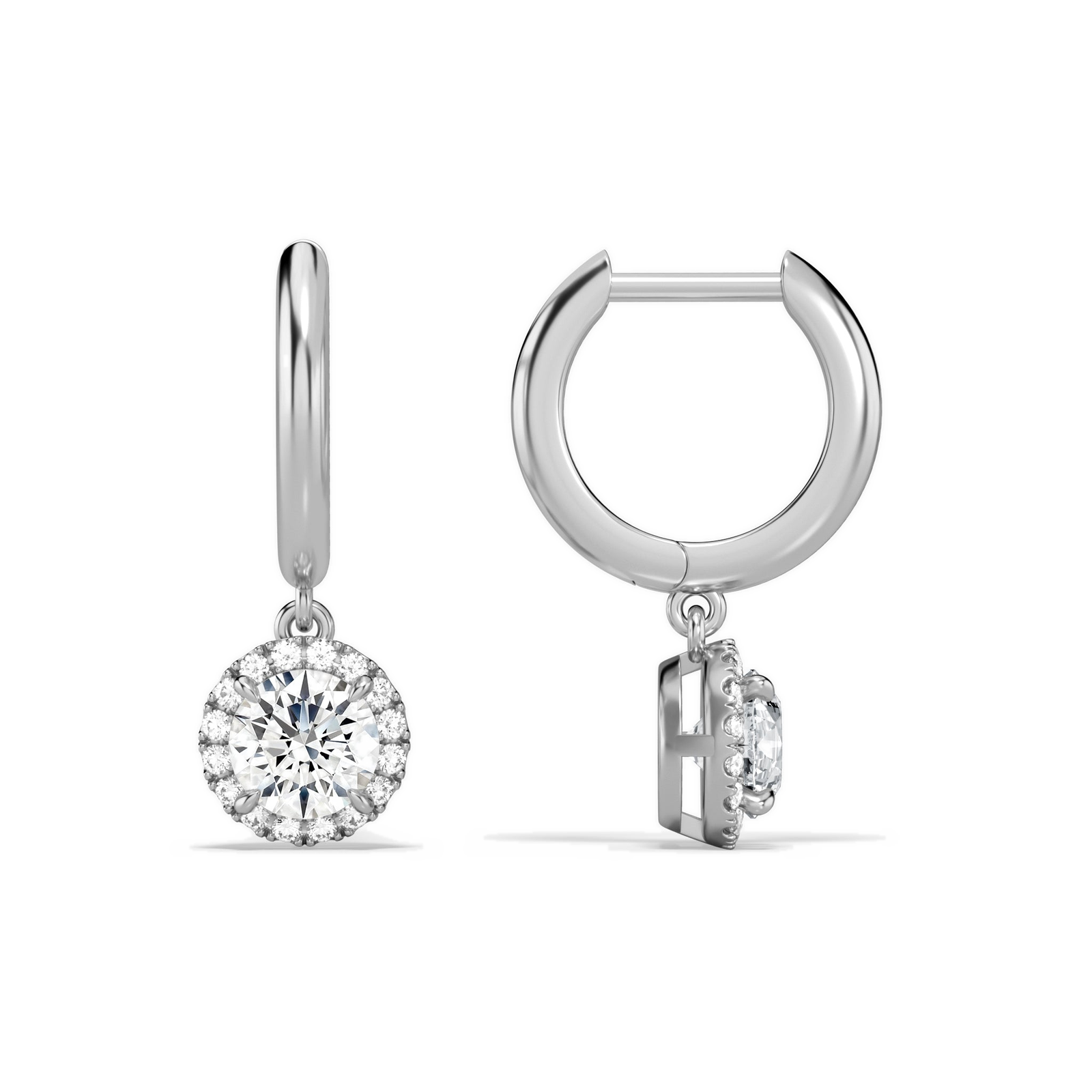 Allegra Round Halo Drop Huggie Hoop Diamond Earrings in 18K White Gold second product view