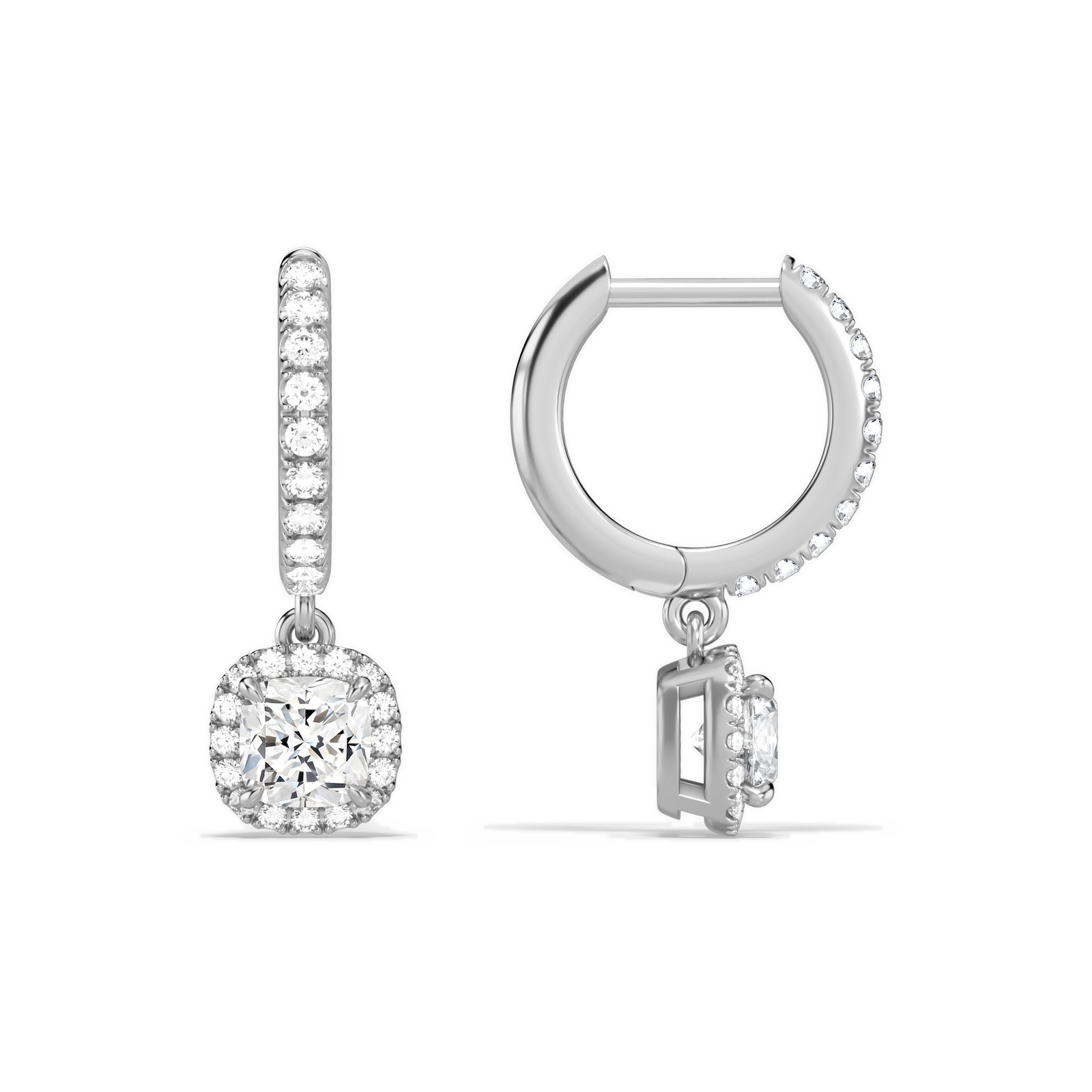 Bellamy Cushion Luxe Drop Huggie Hoop Diamond Earrings in 18K White Gold second product view