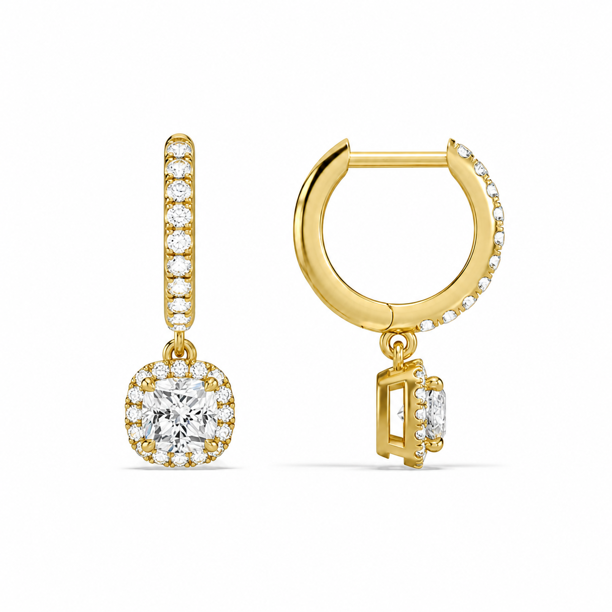 Bellamy Cushion Luxe Drop Huggie Hoop Diamond Earrings in 14K Yellow Gold second product view