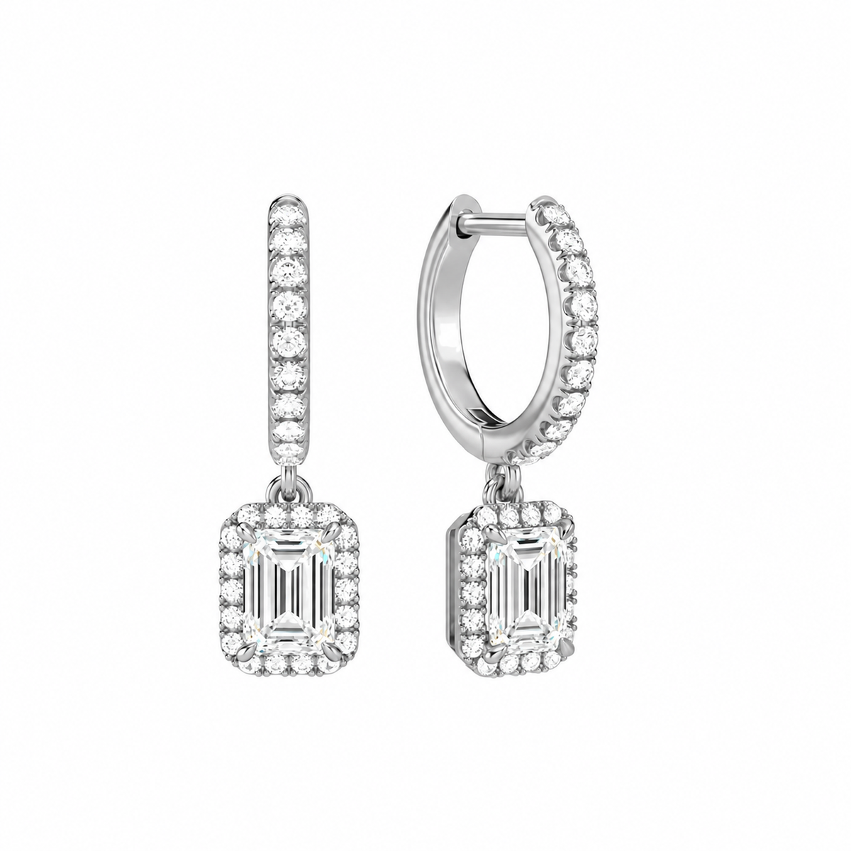 Bellamy Emerald Luxe Drop Huggie Hoop Lab-Grown Diamond Earrings in 18K White Gold, front view
