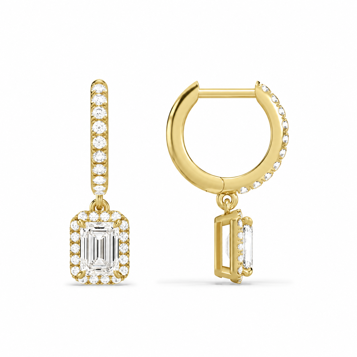 Bellamy Emerald Luxe Drop Huggie Hoop Diamond Earrings in 18K Yellow Gold second product view