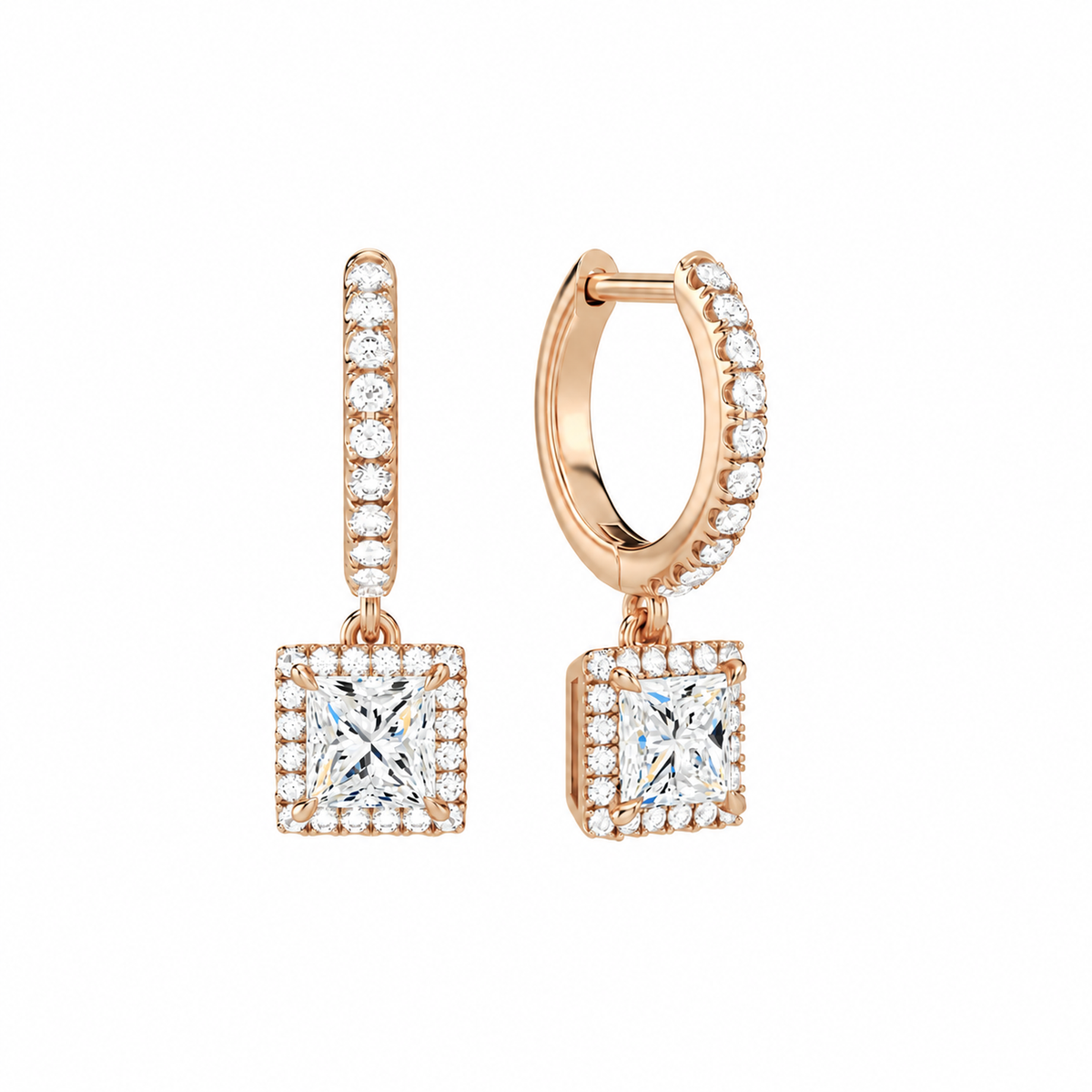 Bellamy Princess Luxe Drop Huggie Hoop Lab-Grown Diamond Earrings in 14K Rose Gold, front view