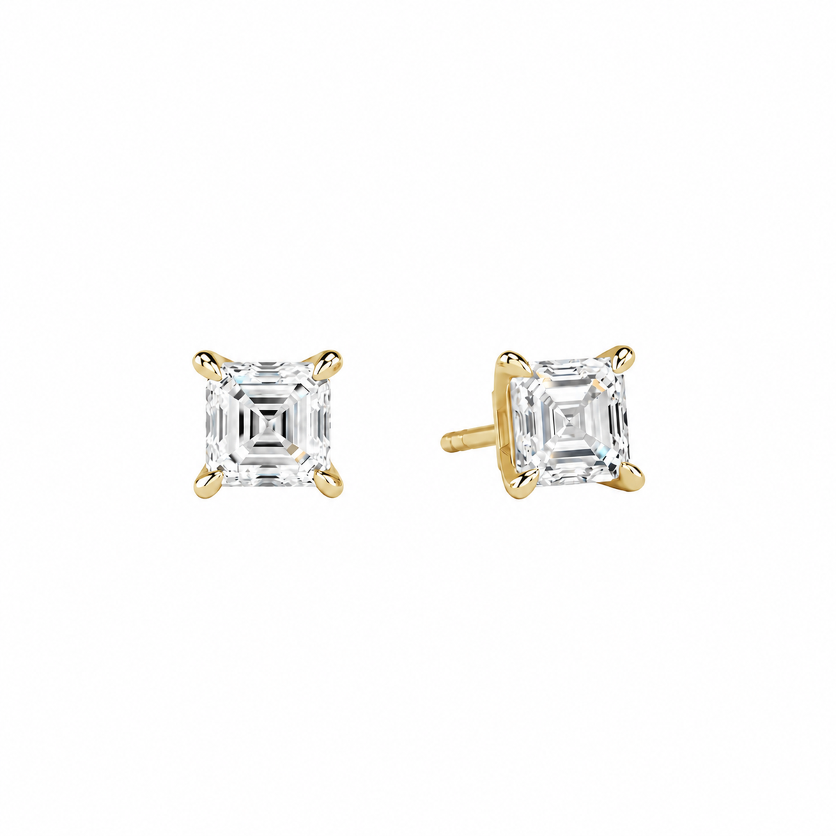 Eira Asscher Solitaire 4-Prong Lab-Grown Diamond Stud Earrings in 18K Yellow Gold, front view