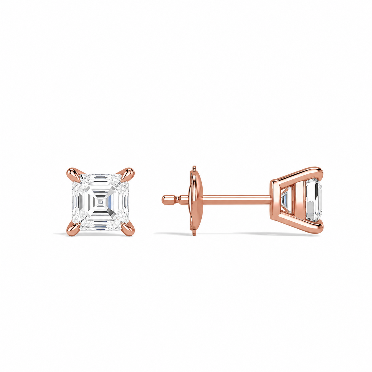 Eira Asscher Solitaire 4-Prong Diamond Stud Earrings in 14K Rose Gold second product view