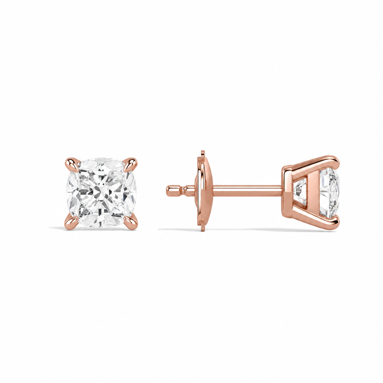Eira Cushion Solitaire 4-Prong Diamond Stud Earrings in 14K Rose Gold second product view