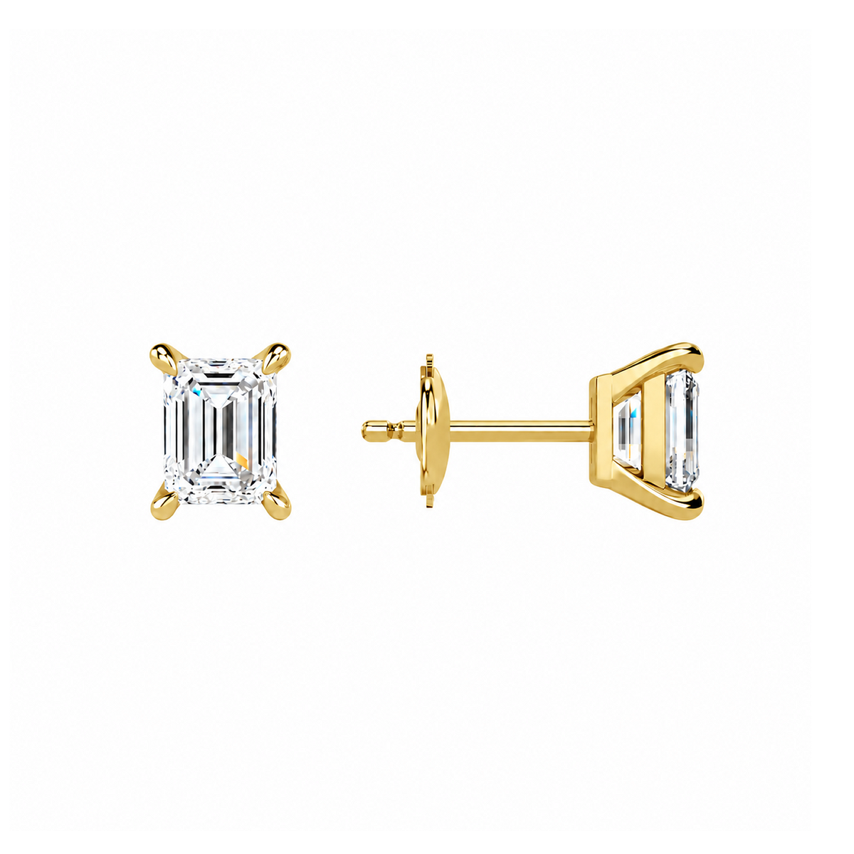 Eira Emerald Solitaire 4-Prong Lab-Grown Diamond Stud Earrings in 14K Yellow Gold, alternate product view