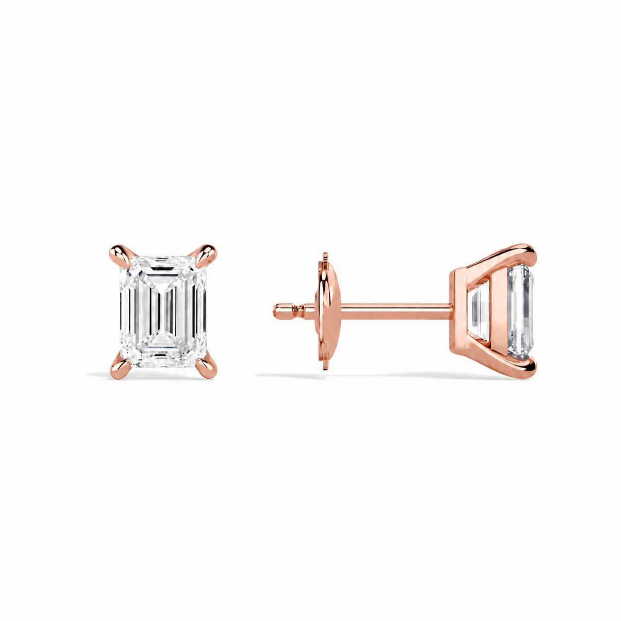 Eira Emerald Solitaire 4-Prong Diamond Stud Earrings in 14K Rose Gold second product view
