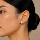 Eira Pear Solitaire 4-Prong Lab-Grown Diamond Stud Earrings in Platinum, worn on ear