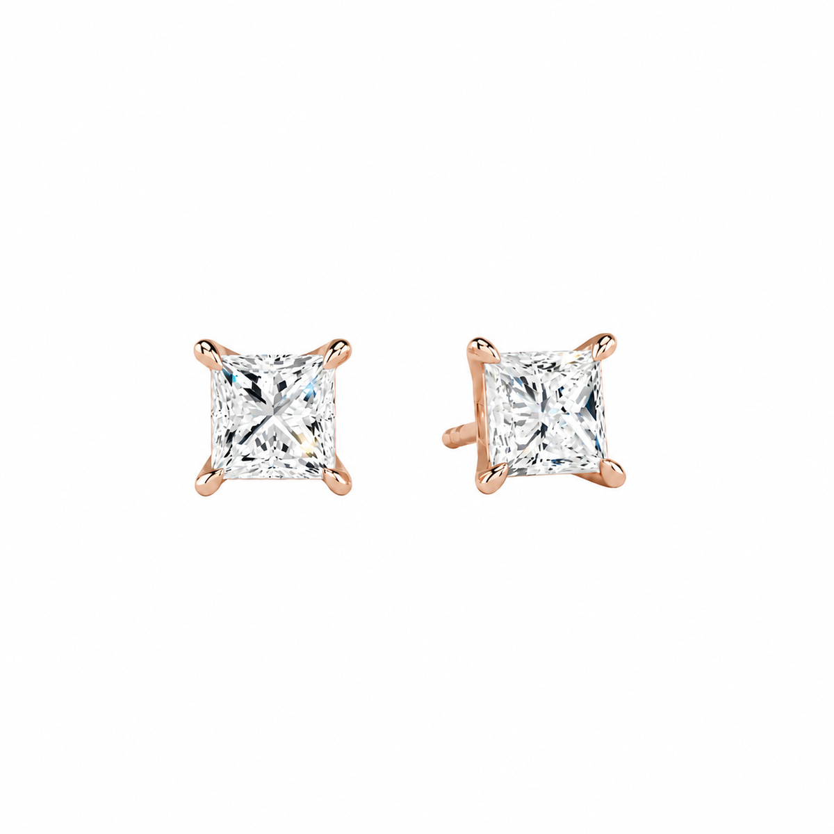 Eira Princess Solitaire 4-Prong Lab-Grown Diamond Stud Earrings in 14K Rose Gold, front view