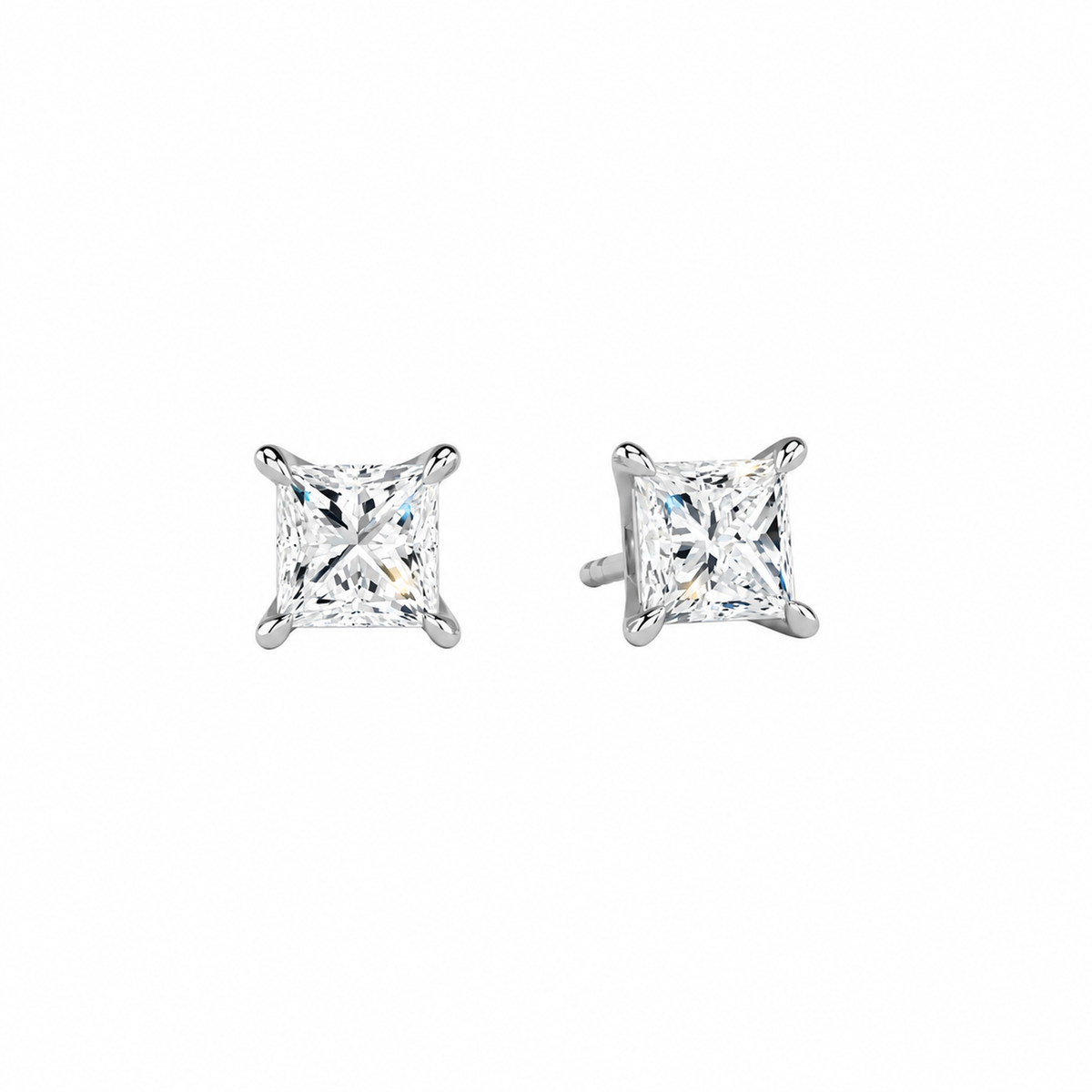 Eira Princess Solitaire 4-Prong Lab-Grown Diamond Stud Earrings in 14K White Gold, front view