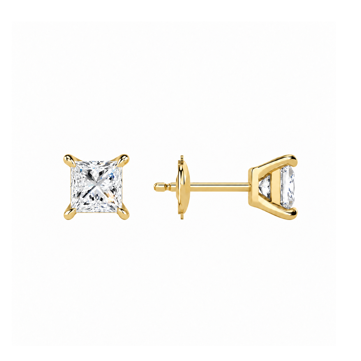 Eira Princess Solitaire 4-Prong Lab-Grown Diamond Stud Earrings in 14K Yellow Gold, alternate product view