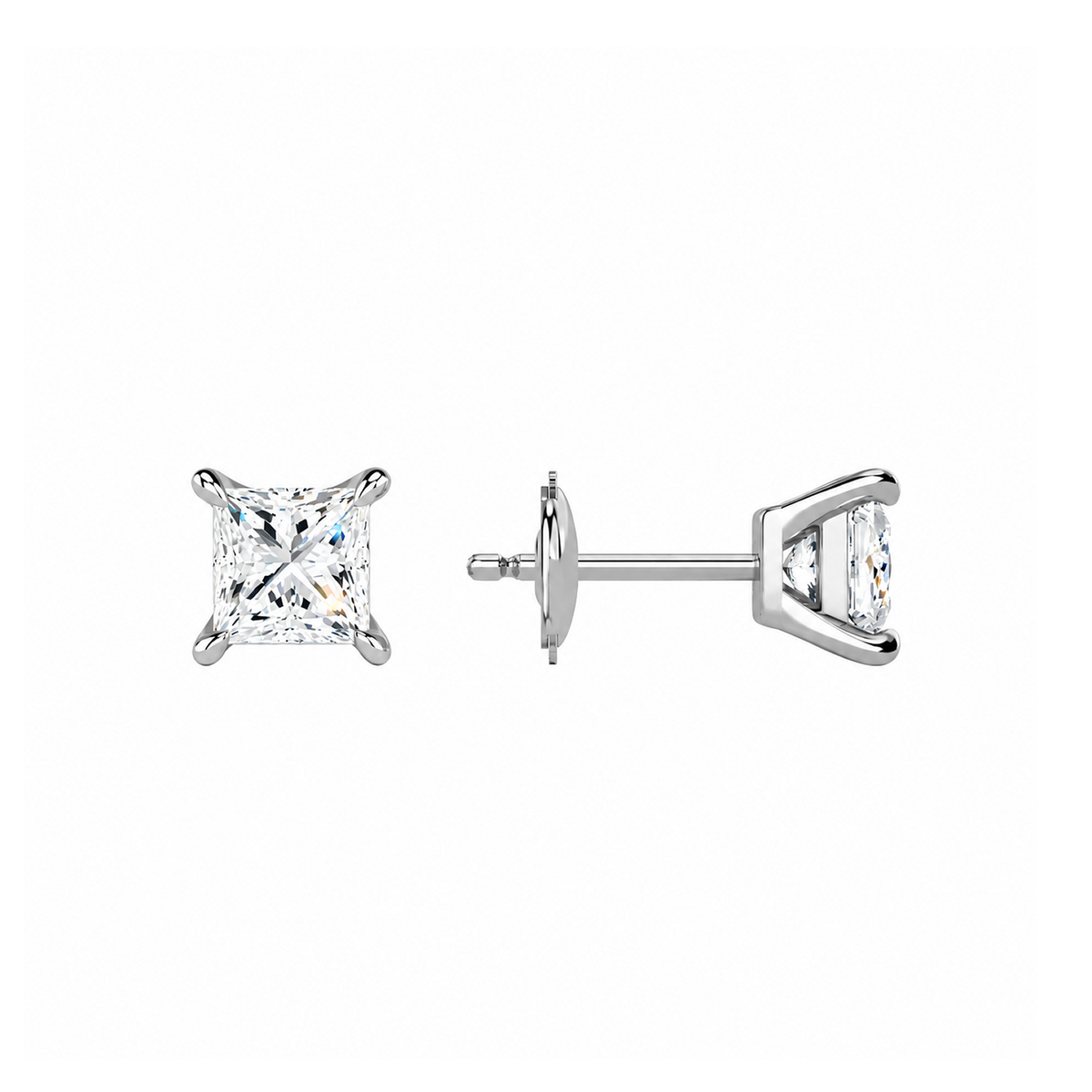 Eira Princess Solitaire 4-Prong Lab-Grown Diamond Stud Earrings in 18K White Gold, alternate product view