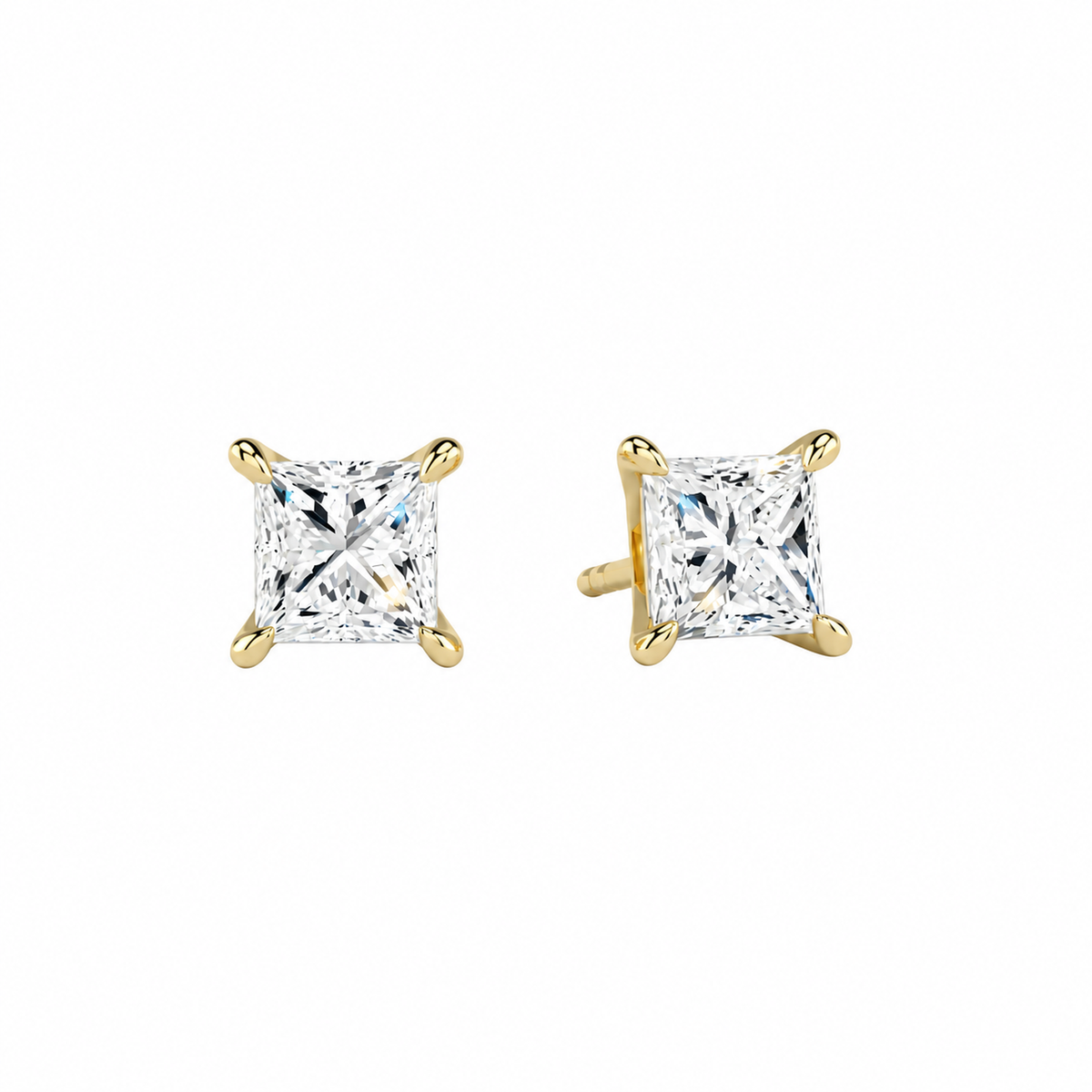 Eira Princess Solitaire 4-Prong Lab-Grown Diamond Stud Earrings in 18K Yellow Gold, front view