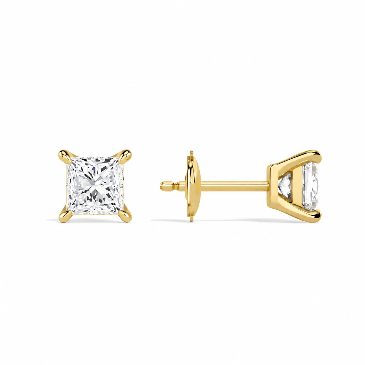 Eira Princess Solitaire 4-Prong Diamond Stud Earrings in 14K Yellow Gold second product view
