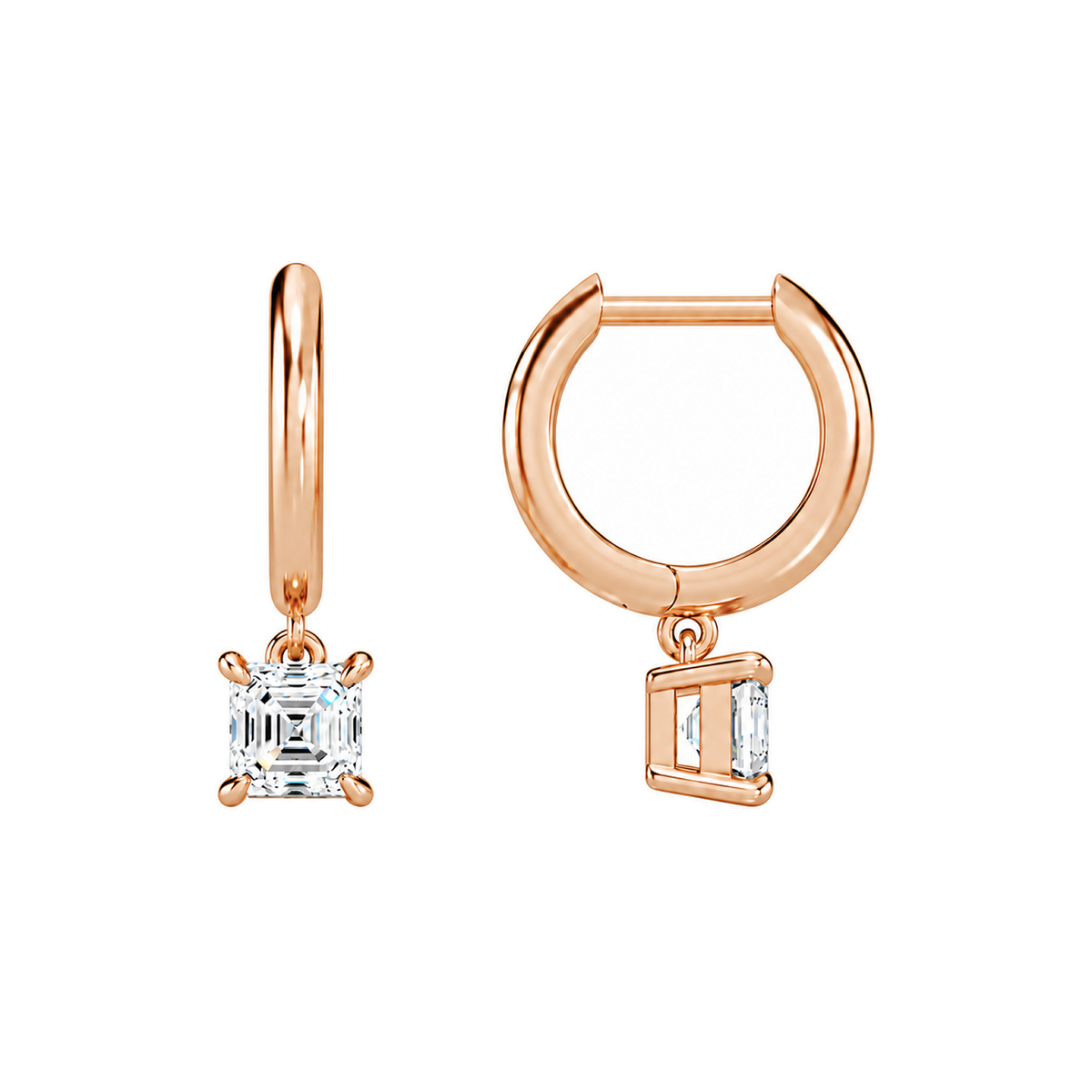 Cerelia Asscher Solitaire Drop Huggie Hoop Lab-Grown Diamond Earrings in 14K Rose Gold, alternate product view