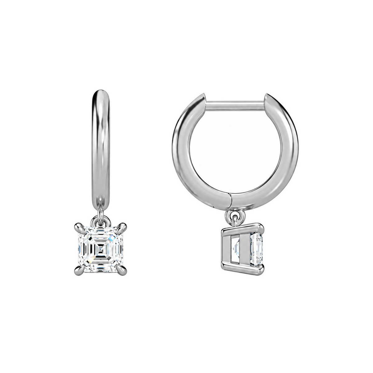 Cerelia Asscher Solitaire Drop Huggie Hoop Lab-Grown Diamond Earrings in 14K White Gold, alternate product view