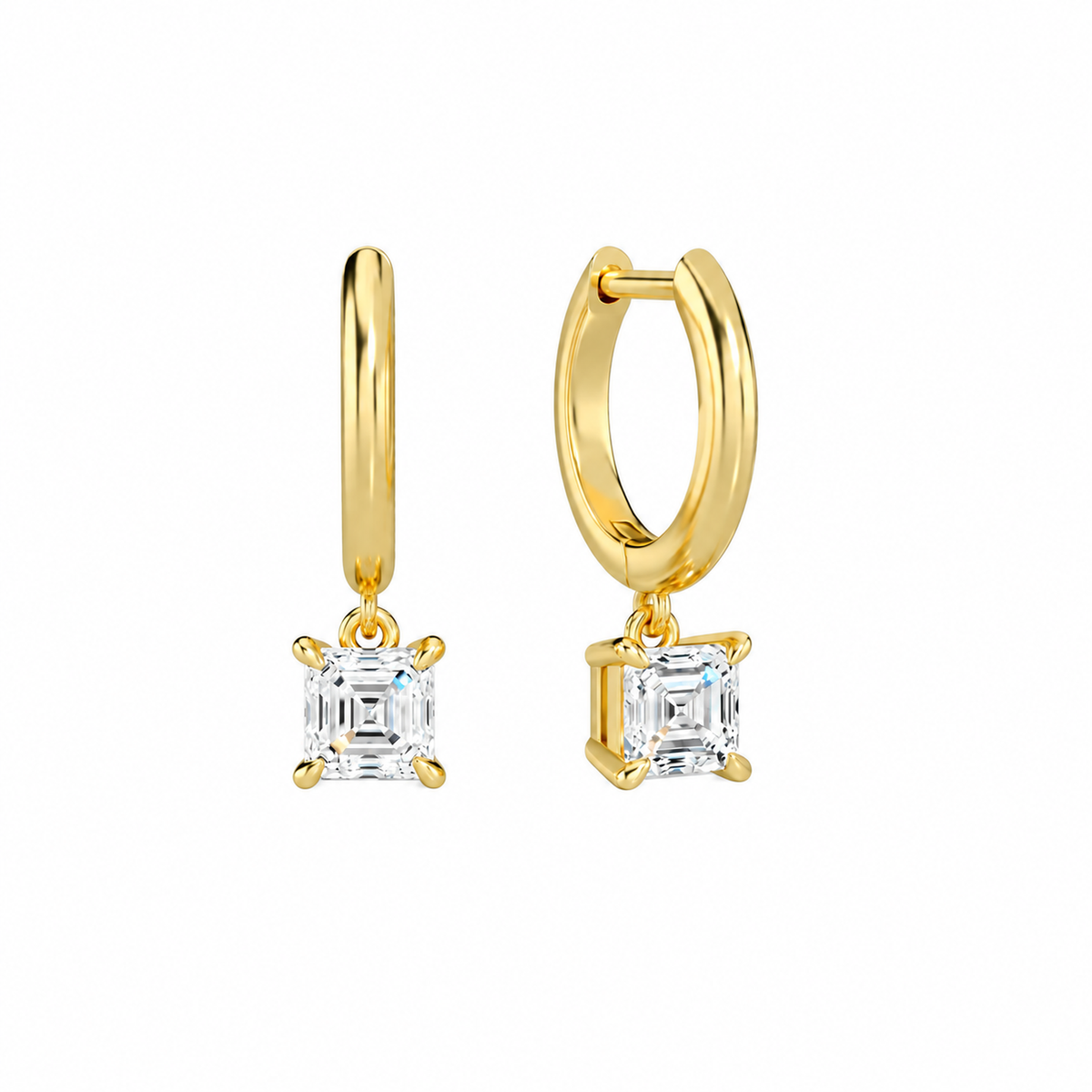 Cerelia Asscher Solitaire Drop Huggie Hoop Lab-Grown Diamond Earrings in 18K Yellow Gold, front view