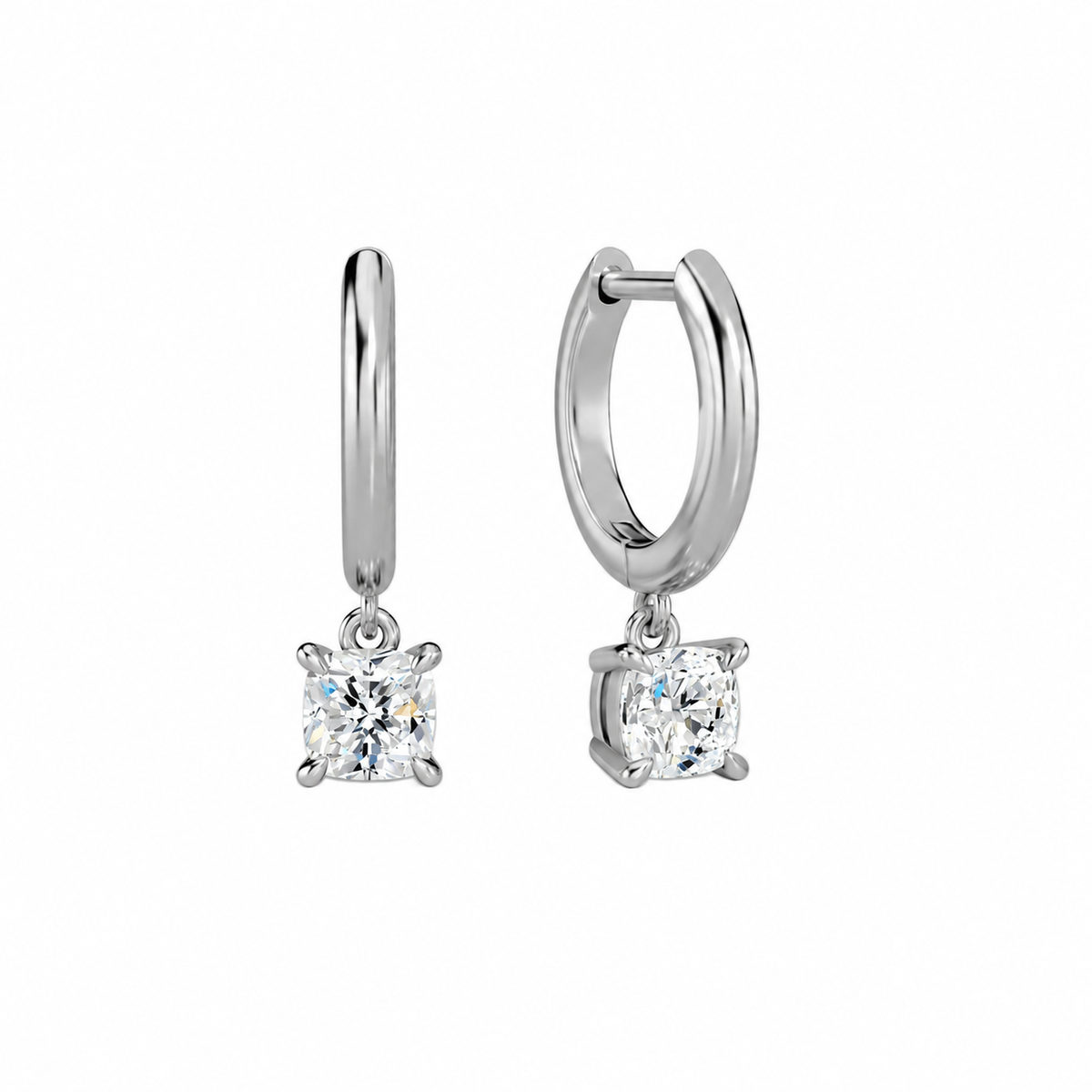 Cerelia Cushion Solitaire Drop Huggie Hoop Lab-Grown Diamond Earrings in Platinum, front view