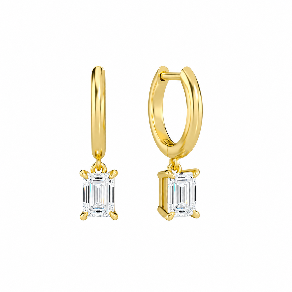 Cerelia Emerald Solitaire Drop Huggie Hoop Lab-Grown Diamond Earrings in 14K Yellow Gold, front view