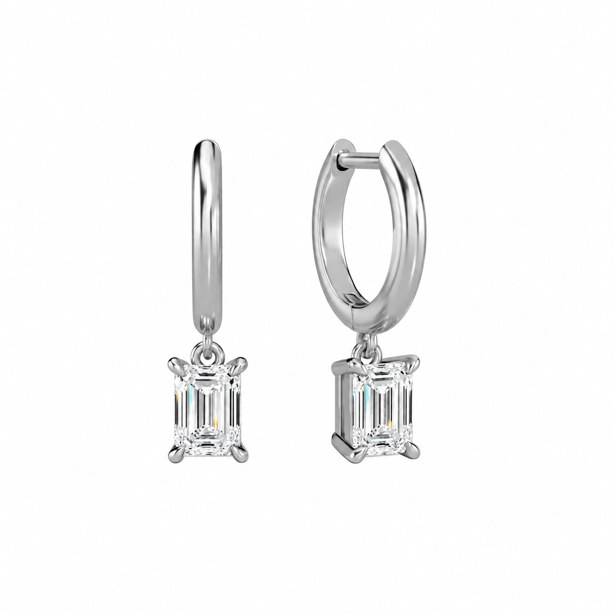 Cerelia Emerald Solitaire Drop Huggie Hoop Lab-Grown Diamond Earrings in 18K White Gold, front view