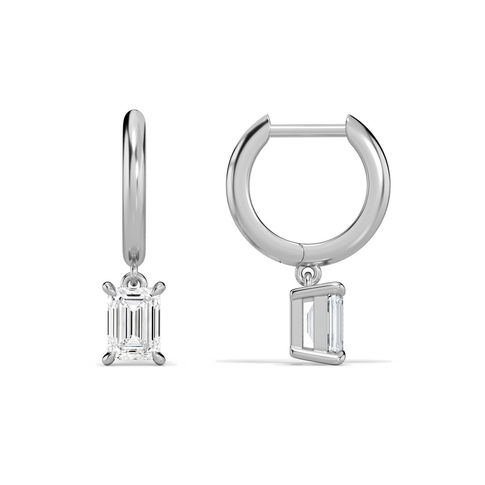 Cerelia Emerald Solitaire Drop Huggie Hoop Diamond Earrings in 14K White Gold second product view