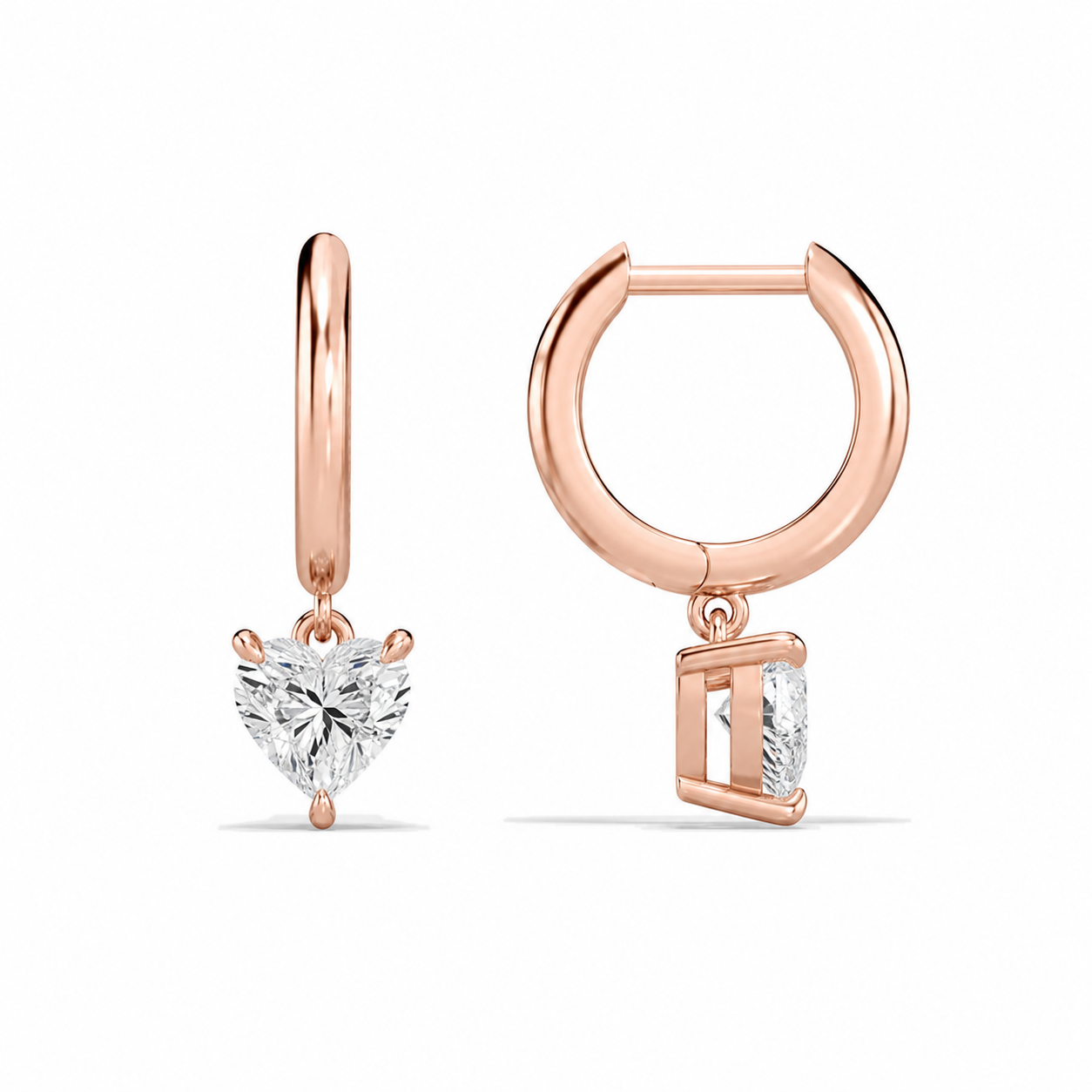 Cerelia Heart Solitaire Drop Huggie Hoop Diamond Earrings in 14K Rose Gold second product view
