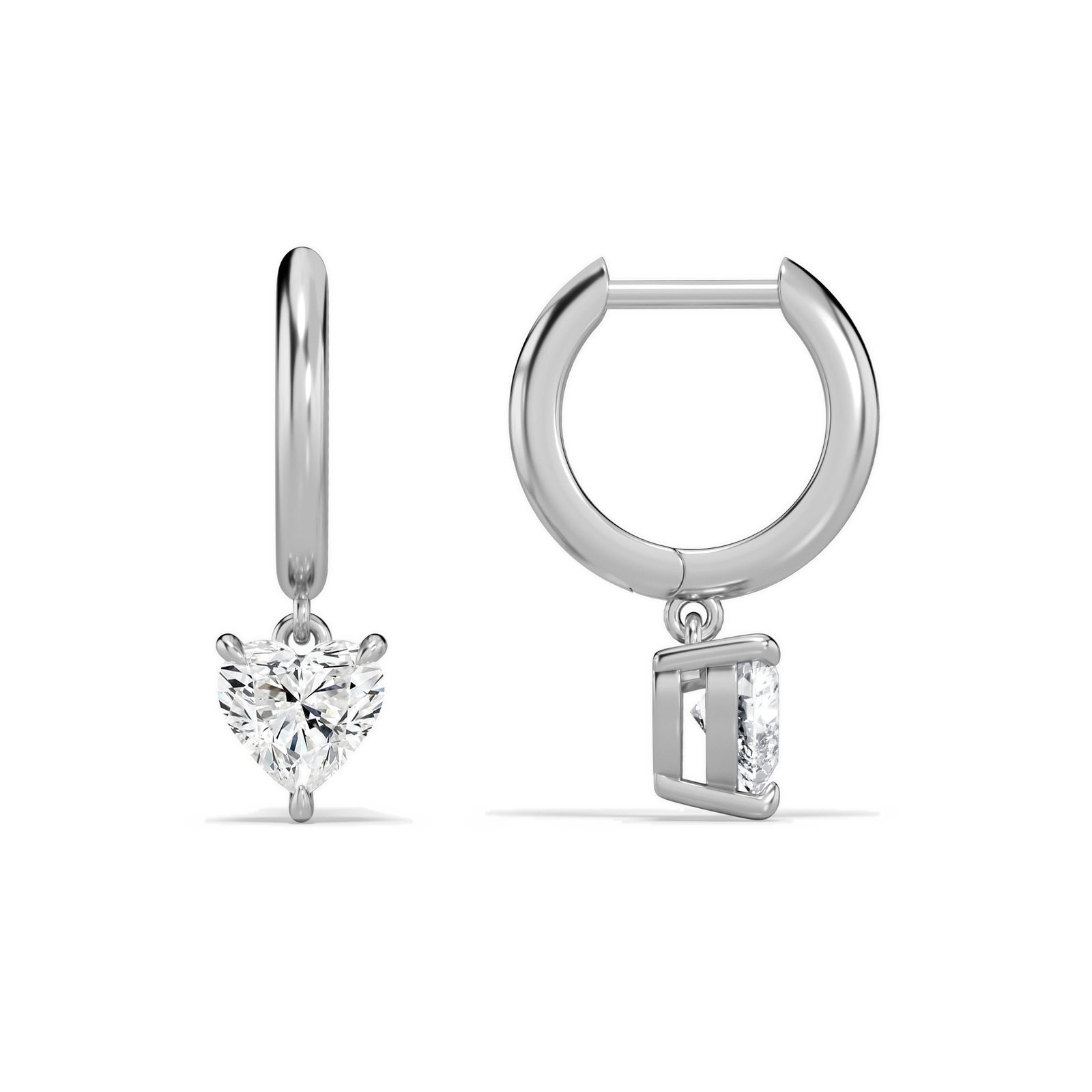 Cerelia Heart Solitaire Drop Huggie Hoop Diamond Earrings in 14K White Gold second product view