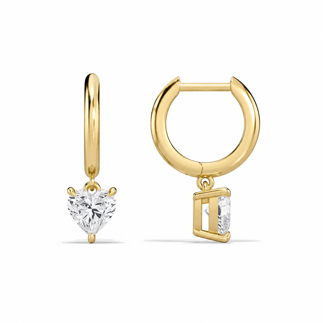 Cerelia Heart Solitaire Drop Huggie Hoop Diamond Earrings in 14K Yellow Gold second product view